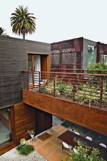 The house rises to nearly the height of the neighboring structure. The plantings on the bridge, which connects the guest pavilion with the master bedroom and media room pavilion, will eventually grow in to create a privacy screen. Photo by Coral von Zumwalt.