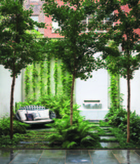 Nelson Byrd Woltz Harnesses the Natural Elements - Photo 1 of 5 - B&B Italia Outdoor’s Canasta sofa, by Patricia Urquiola, shares a shady patch in the ground-floor Carnegie Hill garden with three ginkgo biloba trees, an existing fountain with an Italian marble spout designed by Thomas Woltz, and bluestone pavers. The terrace is filled with woodland greenery: Leucothoe, ostrich ferns, and lady ferns.