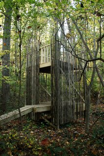 Stubb and her family moved to their home, located on 2.25 acres just north of Baltimore, in 2001. "The outdoors here are a big playground," she says. "We had always wanted to build something for the girls that looked natural." In the summer of 2008, they finally materialized their wish with the 128-square-foot "tree house" that they designed themselves. Drafting the plans came naturally: Laurie is the principal of Place Architecture, Inc. and her husband, Peter, is an architect at a firm that focuses on institutional projects.Photograph courtesy of Laurie Stubb.
