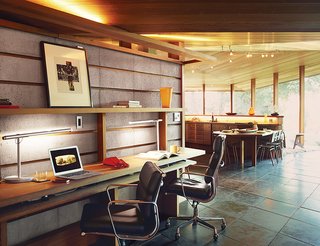 The Midcentury Home That Maintains Its Quirkiness After All These Years - Photo 6 of 9 - A John Baldessari photograph rests on a shelf above a built-in desk just around the corner from the kitchen.
