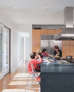 Kid Tested, Mothers Approved - Photo 2 of 8 - Honed granite was selected for the kitchen surfaces because its matte-like finish is easy to maintain and hard to damage. Eight-foot sliding glass doors bathe the kitchen and adjoining living room in ample sunlight.