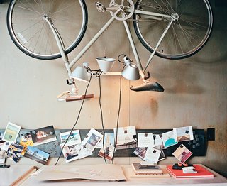 One of the bedrooms became Norelius’s studio, which includes lighting from Artemide above a custom desk.