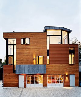 Completed in 2002, this Boston project is clad in Western red cedar and copper, which is slowly acquiring a green patina. Named the Valentine House for its street—which was named for the soap factory—the structure cuts a striking figure in Cambridge. 