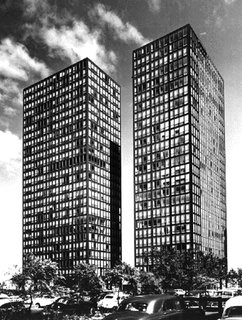 Exterior of Mies van der Rohe's Lake Shore Drive apartments, circa 1951. Photograph by Richard Nickel.