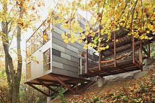 A supposedly impossible site was the perfect plot for Hale (pictured) and Edmonds, who were searching for some sort of break that would afford them the chance to build their own home. Stilting the house over the steep hill gives them direct access to nature while still being located just a ten-minute drive from downtown Seattle.