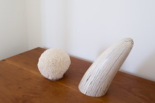 Small coral and ivory sculptures sit on a custom wooden chest.