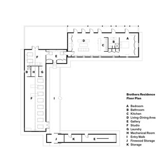 Brothers Residence Floor Plan<br><br>A Bedroom<br><br>B Bathroom<br><br>C Kitchen<br><br>D Living-Dining Area<br><br>E Gallery<br><br>F Studio<br><br>G Laundry<br><br>H Mechanical Room<br><br>I Entry Walk<br><br>J Firewood Storage<br><br>K Storage