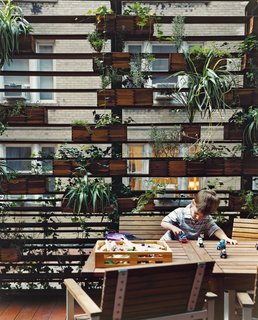The Zizmors' son plays in front of a living wall created by urban landscaper Kari Elwell Katzander of Mingo Design.
