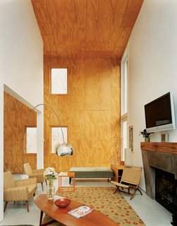 The double-height living area features unfinished plywood cladding.