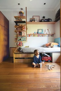 Almost Perfect - Photo 8 of 8 - Tom’s compact bedroom feels much larger thanks to interlocking shelves and storage. The plywood bed and surrounding shelving were custom-built by Wilkin and a hired carpenter.