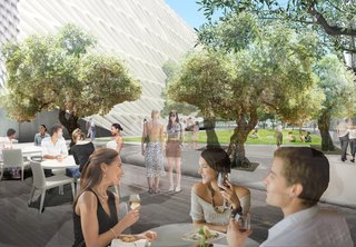 The Broad Museum in Los Angeles Reveals Plaza Plans - Photo 1 of 4 - A restaurant beind developed in partnership with the dining entrepreneur Bill Chait will occupy a freestanding structure at one end of the plaza. The honeycomb-like concrete-and-steel facade of the museum building, designed by Diller Scofidio + Renfro, can be seen in the background. Image courtesy of Diller Scofidio + Renfro.