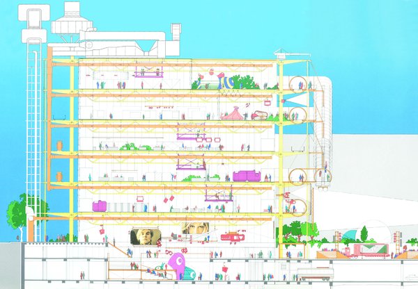 A cross-sectional rendering of the Pompidou Center in Paris, designed by Richard Rogers and Renzo Piano. Image copyright Rogers Strik Harbor + Partners, courtesy of the Royal Institute of British Architects.