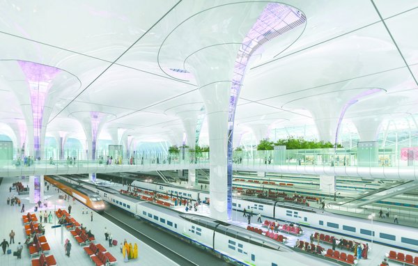 A rendering of Farrells' design for a new multi-modal rail station in Delhi, India, which is being built to handle 272 trains and 500,000 passengers per day. Image copyright Farrells, courtesy of the Royal Institute for British Architects.