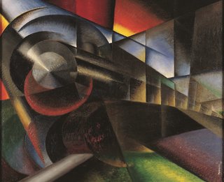 Ivo Pannaggi's Speeding Train (Treno in corsa), 1922.Oil on canvas, 100 x 120 cm Fondazione Carima–Museo Palazzo Ricci, Macerata, Italy Photo: Courtesy Fondazione Cassa di risparmio della Provincia di Macerata