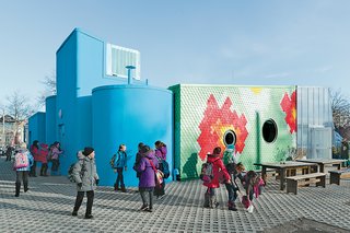 An Edible Learning Garden in Brooklyn - Photo 1 of 3 - WORKac designed a teaching classroom at Brooklyn’s P.S. 216 elementary school that channels runoff rainwater from its roof for reuse in its mobile greenhouse.