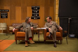 Wes Anderson and Jude Law on the set. "We realized pretty quickly there was no way we could do what we needed to do in a real hotel," says Stockhausen, who worked with Anderson before on Moonrise Kingdom and The Darjeeling Limited. "A real hotel has its own guests, its own thing going on, and there’s no way we can take it over for the amount of time we need to. We couldn’t build the whole thing from scratch, either, we’ll never be able to afford it."