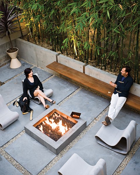 Jacobson and Lee designed the long steel-and-ipe bench, which suspends from the low concrete wall. Dukes relaxes on a Willy Guhl Loop chair with her German Shepherd, Major.