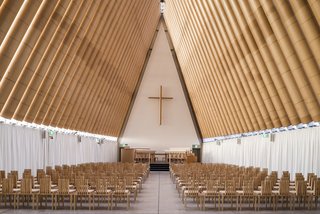 Cardboard Cathedral (Christchurch, New Zealand: 2013)<br><br>After a massive earthquake destroyed this New Zealand town’s landmark 19th-century cathedral in 2011, Ban crafted an A-frame out of cardboard tubing and shipping containers, a landmark example of his "emergency architecture." In another nod to resiliency and symbolic rebirth, the stained glass triangle at the front of the church incorporates imagery from the former cathedral’s famous rose window.