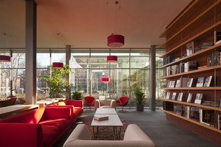 The Living Room, with vibrant red couches selected by the architect. Not pictured: Renzo Piano.