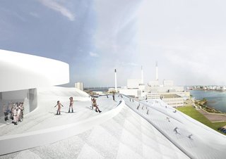The ski pistes will be accessed via an elevator adjacent to the smokestack. The elevator will have a glass wall facing the interior of the plant, giving visitors a behind-the-scenes look at the energy production process. Image courtesy of the Bjarke Ingels Group.