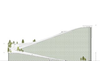 A rendering shows the plant from the side. The bricks on the facade will double as planters, adding a dash of green that makes the edifice resemble a snow-capped mountain. Image courtesy of the Bjarke Ingels Group.