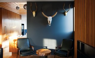 You Won't Be Calling This House a "Man Cave" - Photo 7 of 9 - A trio of resin skulls works as manly wall art above a burly end table from Urban Hardwoods and on a wall painted with ICI Paint’s Noble Grey.