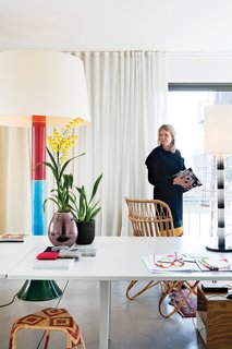 The office where Poorter and Femke Holdrinet work looks onto the canal just beyond the building. The statement pieces in the space are a pair of lamps by Ghent-based designer Jos Devriendt of Low Tech Design. Poorter and Holdrinet have several lights by Devriendt, though these two are unique designs and not in regular production.