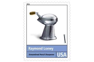 Pencil Sharpener (1933)<br><br>Looking like a ray gun from an early sci-fi serial, Loewy’s prototype pencil sharpener has been an icon for decades, memorialized (as depicted in the stamp above) as a teardrop-shaped catalyst for streamlined industrial design.