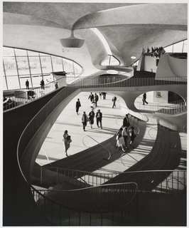TWA Terminal, interior, designed by Eero Saarinen, 1962. Gelatin silver print. Carnegie Museum of Art, Purchase: gift of the Drue Heinz Trust. Image courtesy of the Carnegie Museum of Art, copyright Ezra Stoller/Esto, Yossi Milo Gallery.