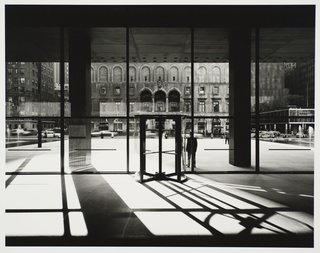 Seagram Building, designed by Ludwig Mies van der Rohe and Philip Johnson, photographed 1958. Gelatin silver print. Carnegie Museum of Art, Purchase: gift of the Drue Heinz Trust. Image courtesy of the Carnegie Museum of Art, copyright Ezra Stoller/Esto, Yossi Milo Gallery.
