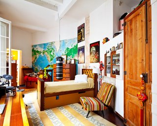 Benedetta's son's bedroom, which is on the second floor of the villa. The bed is her own design.