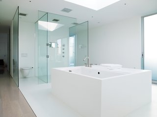 In the master bathroom, an oversize tub is graced with a generous skylight above it.