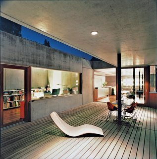 The office looks out on the spacious deck.