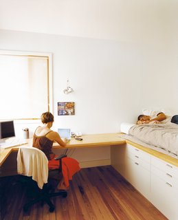 The office contains a platform, where Blake practices drums (or naps with daughter Genevieve).