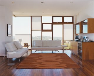 The Shermans’ living room is outfitted with Ligne Roset Smala sofas by Pascal Mourgue and a Kenga rug by Angela Adams.