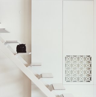 Palace Intrigue - Photo 6 of 13 - Mikulionis custom designed the white steel staircase that leads from the living area up to the bedroom platform.