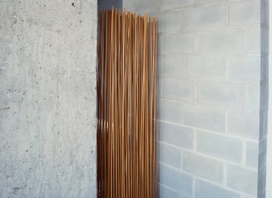 A room divider by Extremis, made of sticks protruding from a rubber base, shields the bathroom.