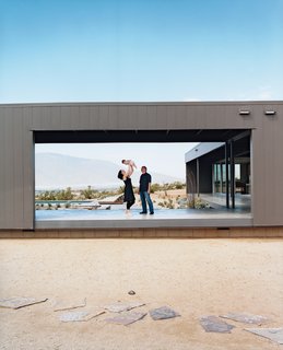 Marmol and Becket with their daughter, Emilia. The intersecting modules were designed to frame a range of spectacular desert vistas.