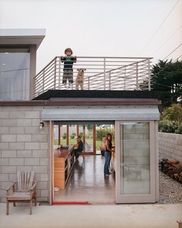 45 Pets in Beautiful Modern Homes - Photo 15 of 45 - The couple’s son Dylan and dog Petra enjoy the deck while Mary Kate and Thomas work in the kitchen below. Sliding doors open to the outdoors on both sides.