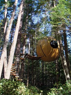 British Columbia–based Tom Chudleigh designed the Free Spirit Sphere as a have-your-cake-and-eat-it-too tree house that combines the wonder of being airborne with all manner of earthly comforts.<br><br>Handcrafted of wood or fiberglass, this lavish ten-foot-six-inch-diameter sphere is fully wired to accommodate a microwave, space heater, refrigerator, TV, Clapper—whatever. And it’s plumbed for a kitchen sink. Retractable beds sleep up to four people. <br><br>"When you’re up in the trees," Chudleigh says, somewhat evasively, "you really get the sense that you are just floating up there, that you’re in a different world." This sensation is produced by four flexible ropes that connect to the sides of the sphere, allowing it to suspend freely above the ground and move with the whim of the forest breeze or branches, intimately connecting the Free Spirit Sphere occupant with the surroundings. "It’s a really healing place up here." <br><br>