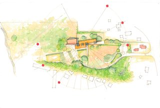 Teaching by Example - Photo 1 of 2 - The rendering demonstrates how the orientation of the proposed building maximizes solar energy. The orange dots represent the sun's arc at its highest, middle, and lowest points. South-facing windows combined with rammed-earth and straw-bale construction will help retain solar gains during daylight hours.