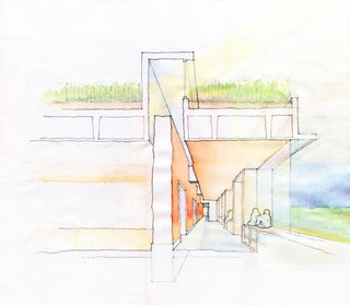 Teaching by Example - Photo 2 of 2 - This section shows the living roof that will provide excellent insulation and curtail stormwater runoff. Large expanses of glass provide ample natural light to heat the centrally located rammed-earth wall.