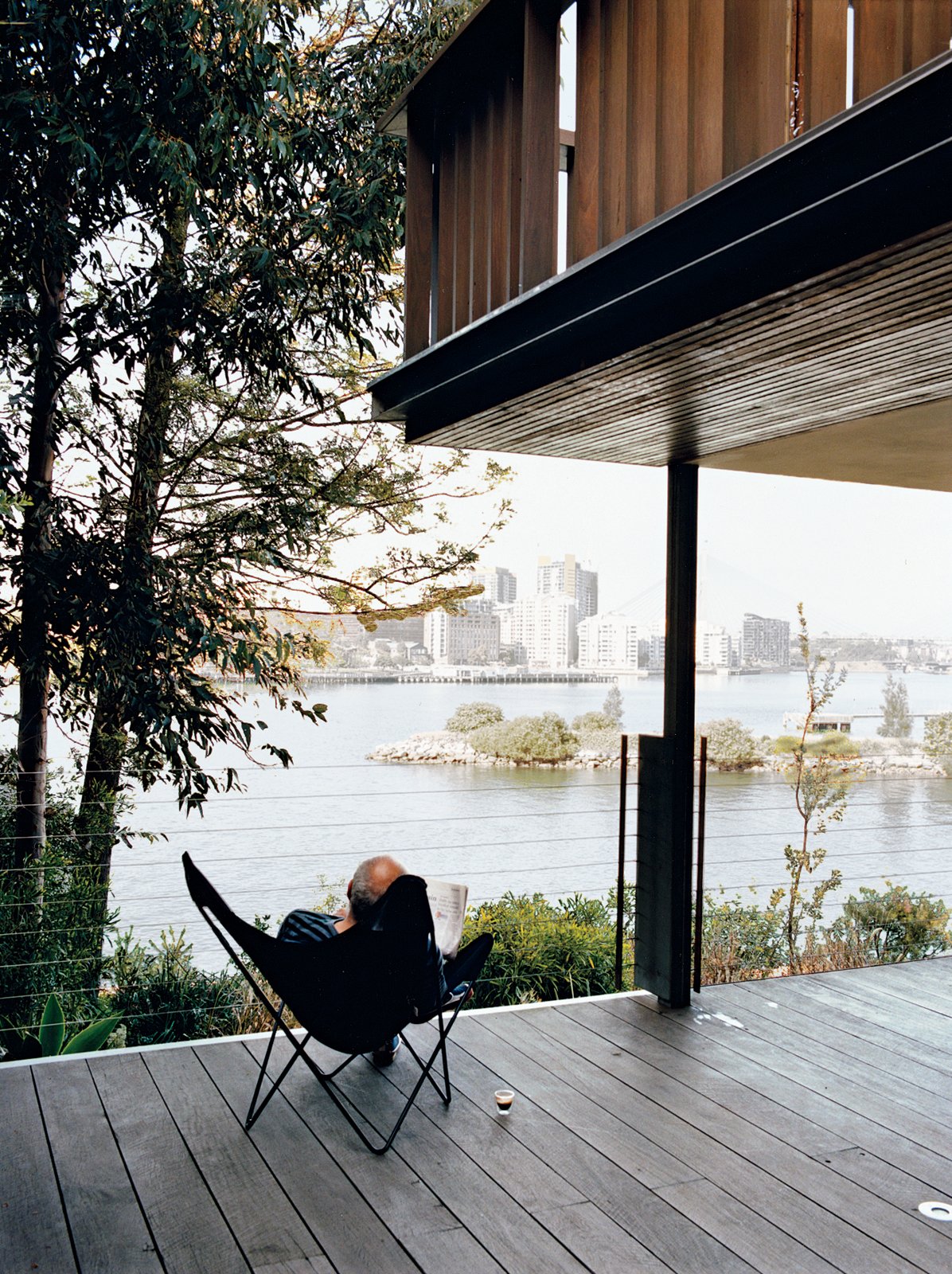 The veranda looks out onto the harbor.