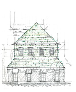 Fujimori's sketch for his next project after the Jinchokan Moriya Historical Museum, Tanpopo House, introduced another obsession: houses with plants growing out of them.
