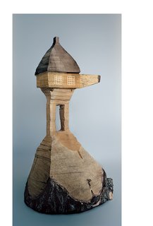 Fujimori carves many of his architectural models, like this one, for his Too-High Tea House, out of wood.