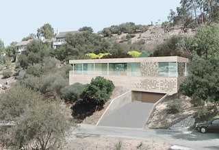 Groundbreaking Design - Photo 1 of 2 - This rendering of the Dwell Home II’s exterior shows the perforated screen that lets air into the house, without the use of a pump, as part of a passive cooling system.
