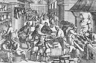 An engraving from 1675 by Justus Sadeler, showing the chaotic preparations in the kitchen before a feast.
