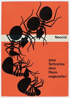 Neocid was another pesticide Geigy sold. Karl Gerstner's poster is from 1953 and tells customers that Neocid is "A gate for house pests!"