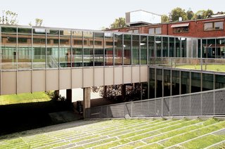 In the renovation of the Oslo School of Architecture, the firm maintained the building’s industrial feel while adding green space on the stairs and roof. Photo by Nils Petter Dale.