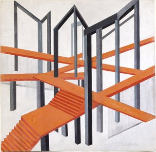Alexander Exter's deeply architectural ideas in his "Construction for a Tragedy" from ca. 1925 shows the stripped down forms and expressionistic geometry that would come to take hold in the architecture of Le Corbusier and the like.